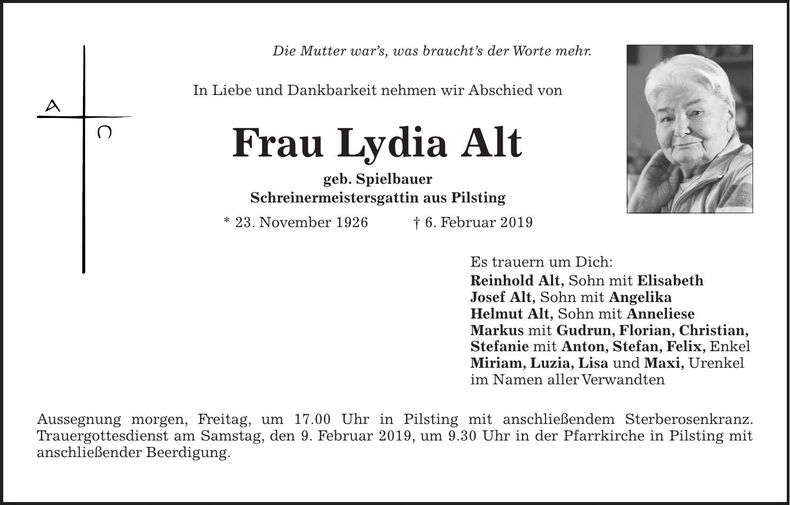 Traueranzeige Lydia Alt
