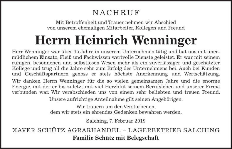 Traueranzeige Heinrich Wenninger