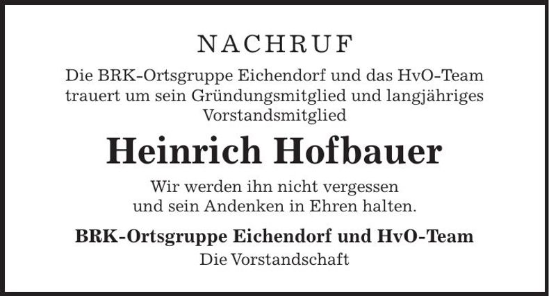 Traueranzeige Heinrich Hofbauer