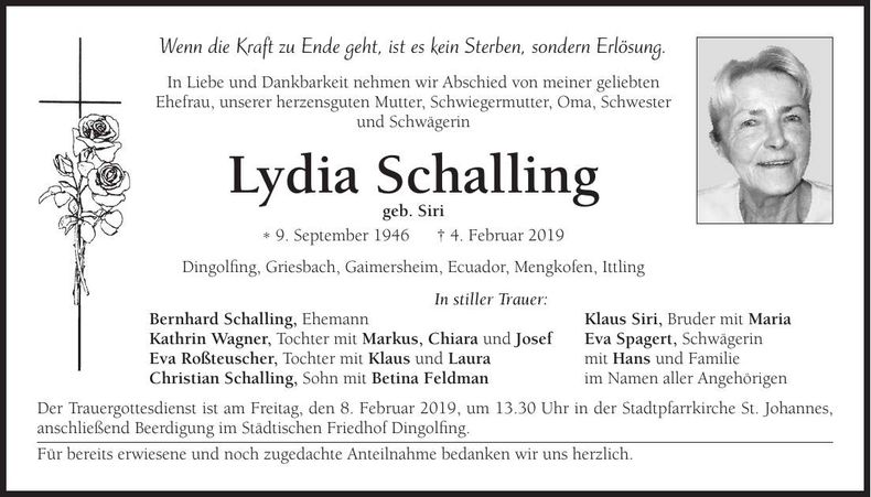 Traueranzeige Lydia Schalling