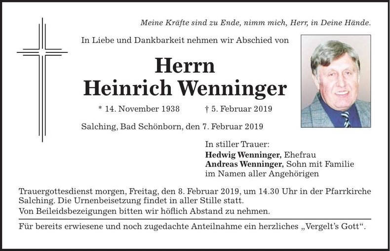 Traueranzeige Heinrich Wenninger
