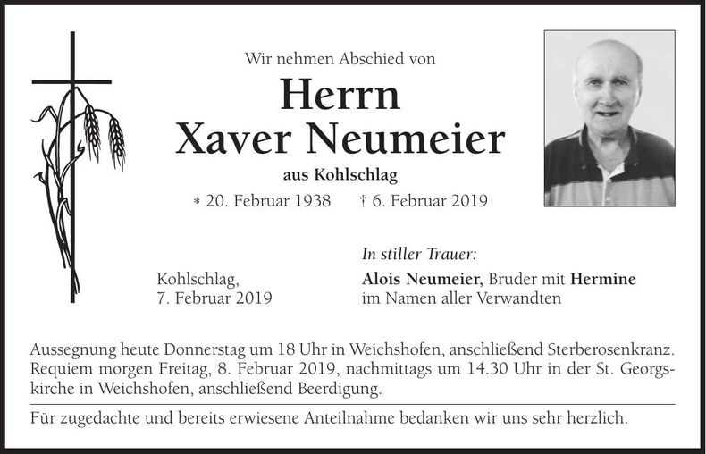 Traueranzeige Xaver Neumeier