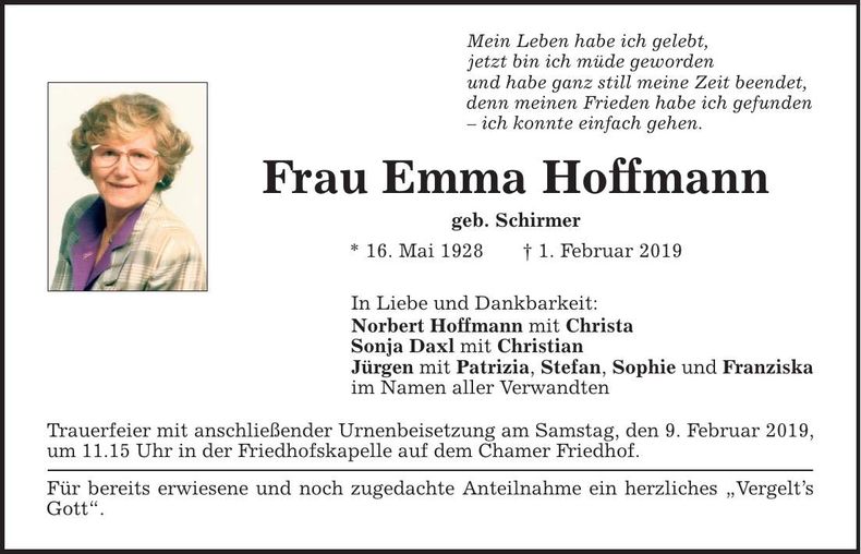 Traueranzeige Emma Hoffmann