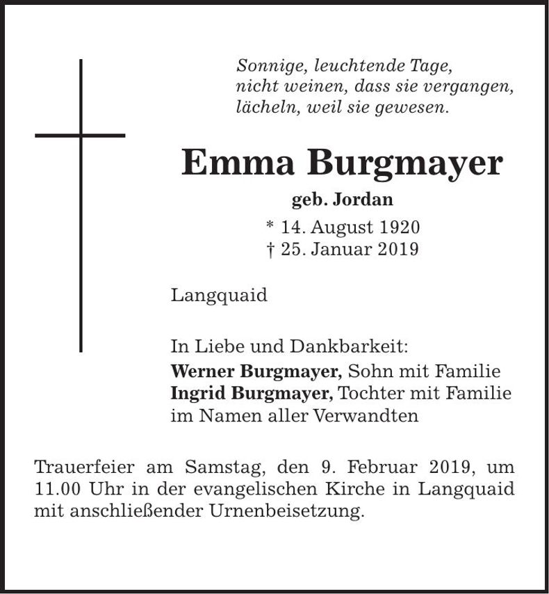 Traueranzeige Emma Burgmayer