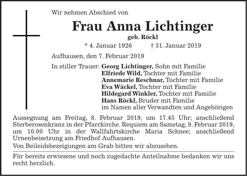 Traueranzeige Anna Lichtinger