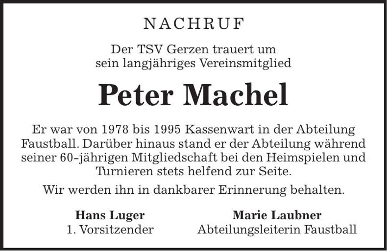 Traueranzeige Peter Machel