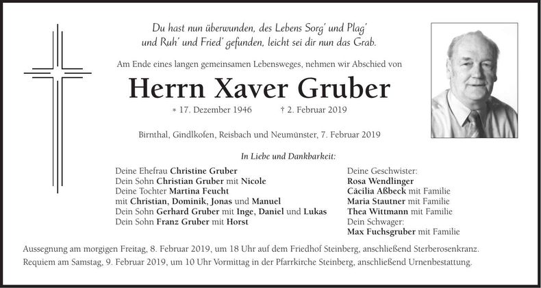 Traueranzeige Xaver Gruber