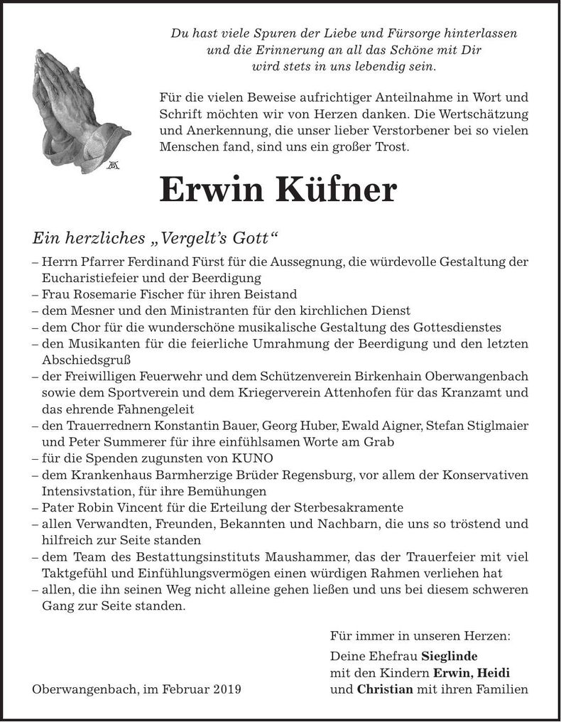 Traueranzeige Erwin Küfner
