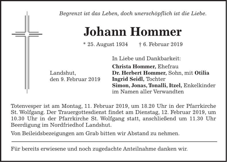 Traueranzeige Johann Hommer