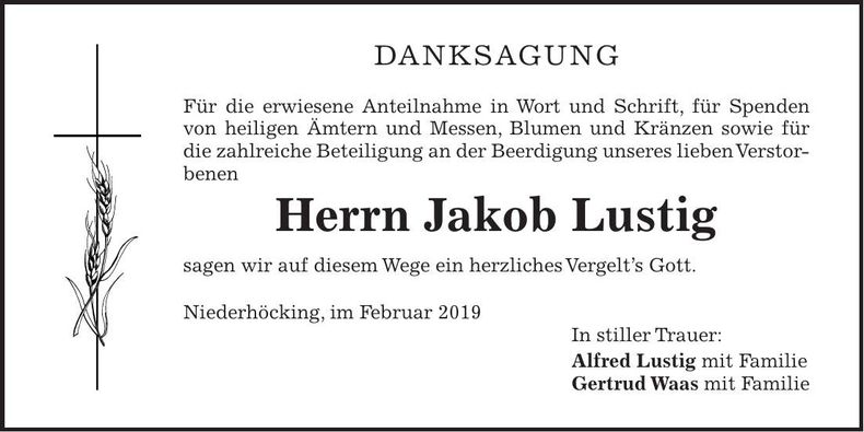Traueranzeige Jakob Lustig