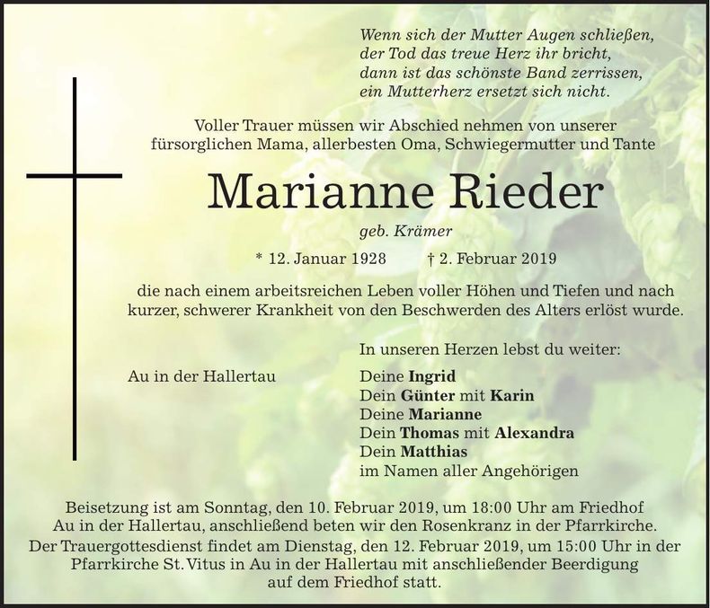Traueranzeige Marianne Rieger