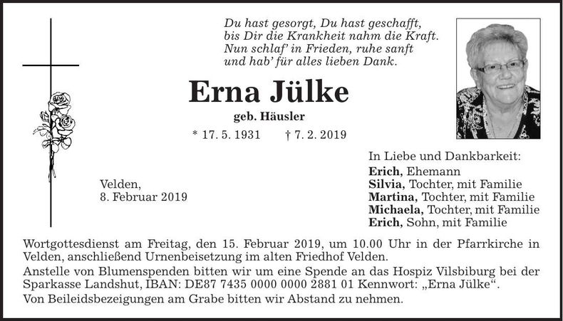 Traueranzeige Erna Jülke