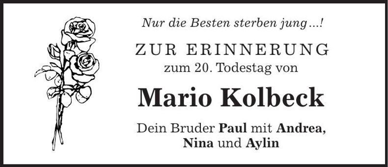 Traueranzeige Mario Kolbeck