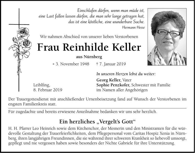 Traueranzeige Reinhilde Keller
