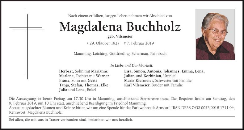 Traueranzeige Magdalena Buchholz