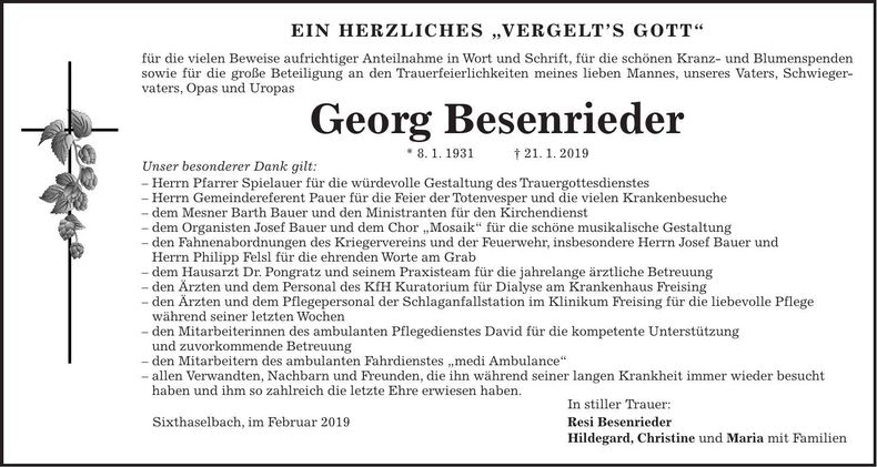 Traueranzeige Georg Besenrieder