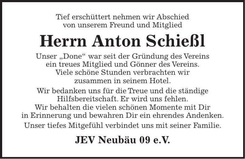 Traueranzeige Anton Schießl