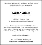 Traueranzeige Walter Ulrich