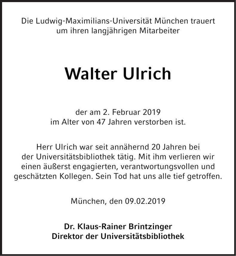 Traueranzeige Walter Ulrich
