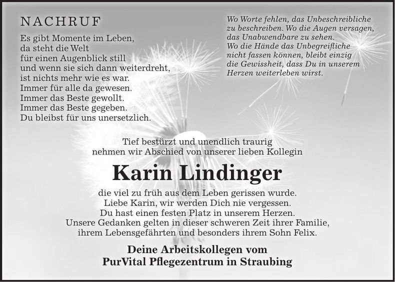 Traueranzeige Karin Lindinger