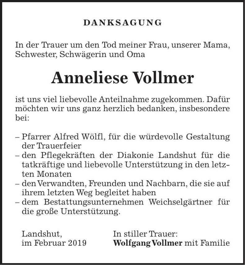 Traueranzeige Anneliese Vollmer