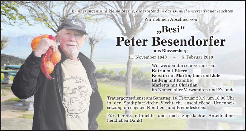 Traueranzeige Peter Besendorfer