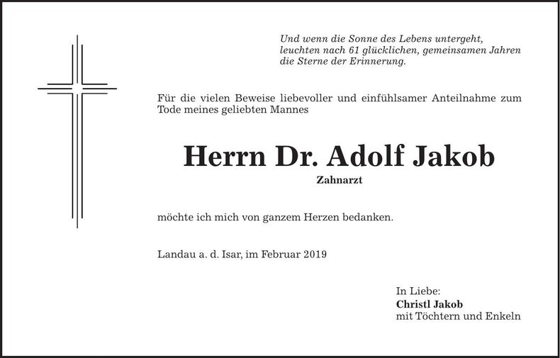 Traueranzeige Adolf Dr. Jakob