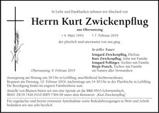 Traueranzeige Kurt Zwickenpflug