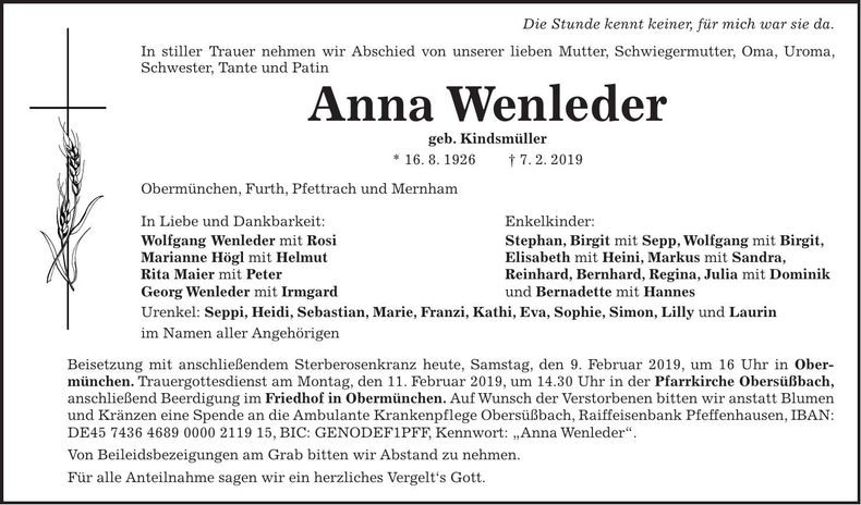 Traueranzeige Anna Wendleder