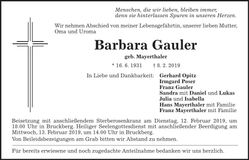 Traueranzeige Barbara Gauler