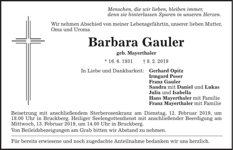Traueranzeige Barbara Gauler