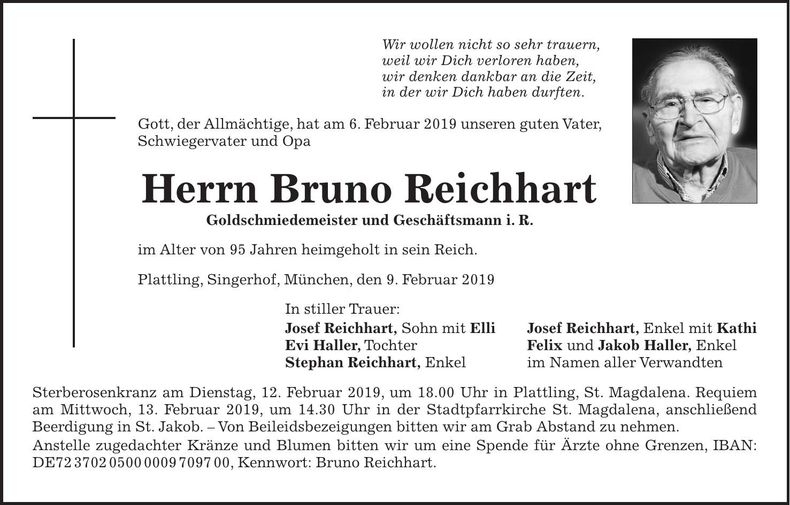 Traueranzeige Bruno Reichhart