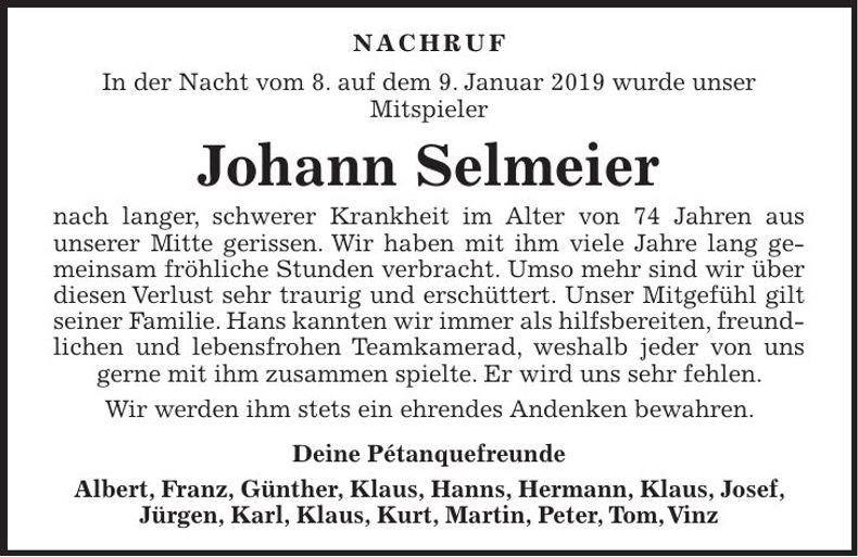 Traueranzeige Johann Selmeier