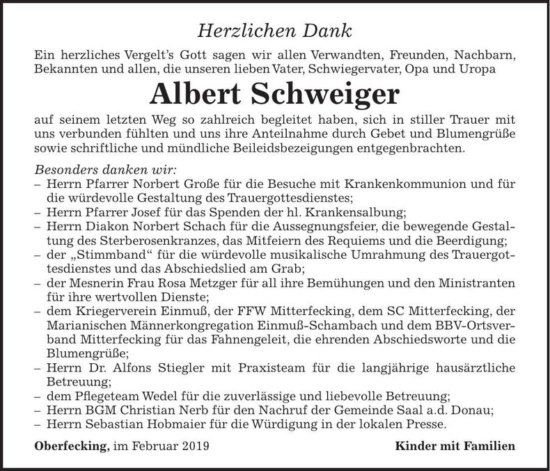 Traueranzeige Albert Schweiger