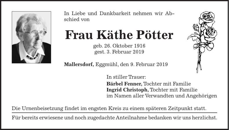 Traueranzeige Käthe Pötter