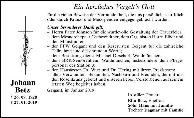 Traueranzeige Johann Betz