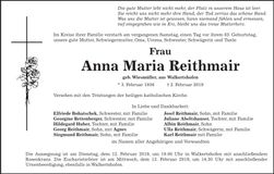 Traueranzeige Anna Maria Reithmair