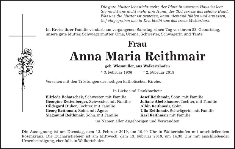 Traueranzeige Anna Maria Reithmair