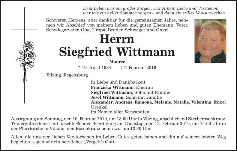 Traueranzeige Siegfried Wittmann