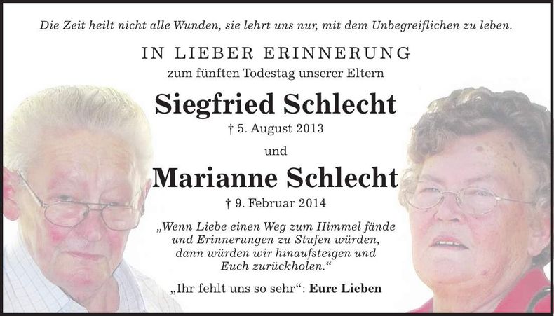 Traueranzeige Marianne und Siegfried Schlecht