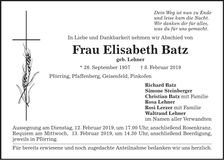 Traueranzeige Elisabeth Batz