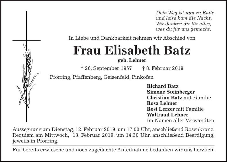 Traueranzeige Elisabeth Batz