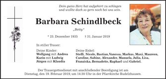 Traueranzeige Barbara Schindlbeck