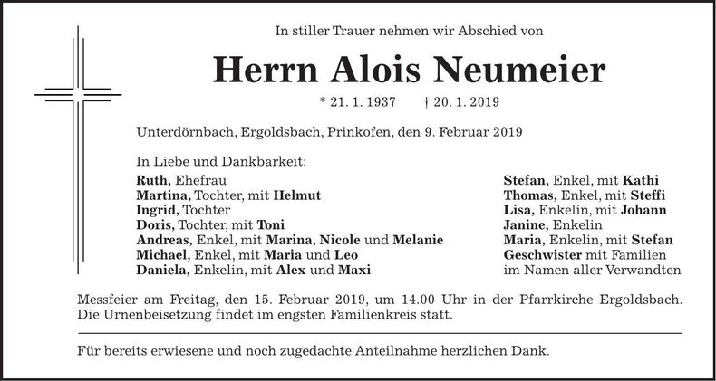 Traueranzeige Alois Neumeier