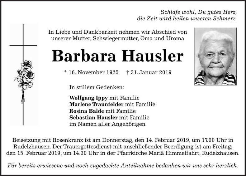 Traueranzeige Barbara Hausler