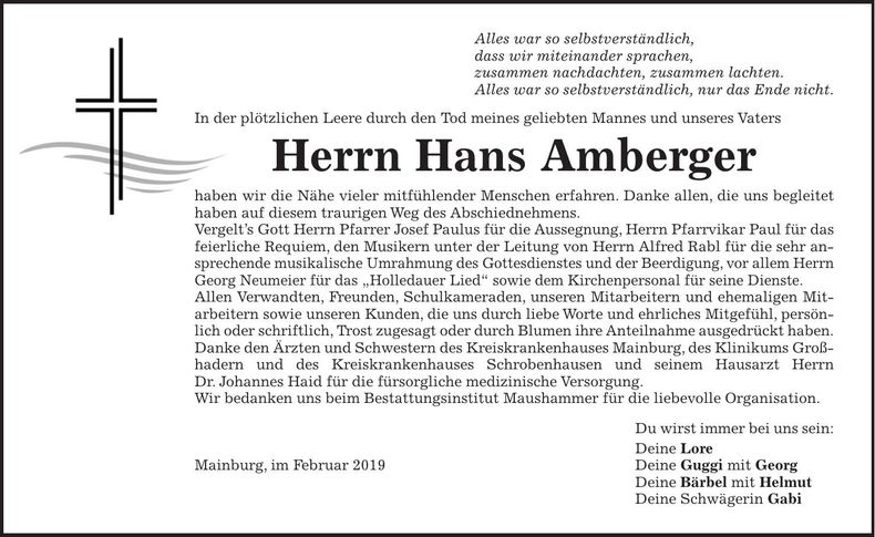 Traueranzeige Hans Amberger