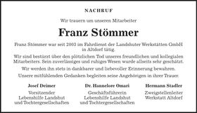 Traueranzeige Franz Stömmer