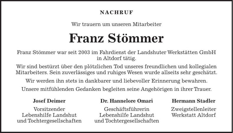 Traueranzeige Franz Stömmer