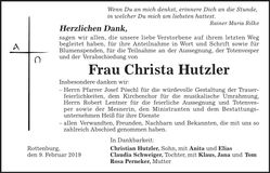 Traueranzeige Christa Hutzler