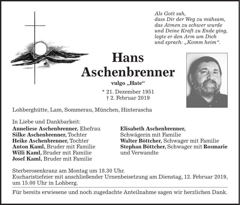 Traueranzeige Hans Aschenbrenner